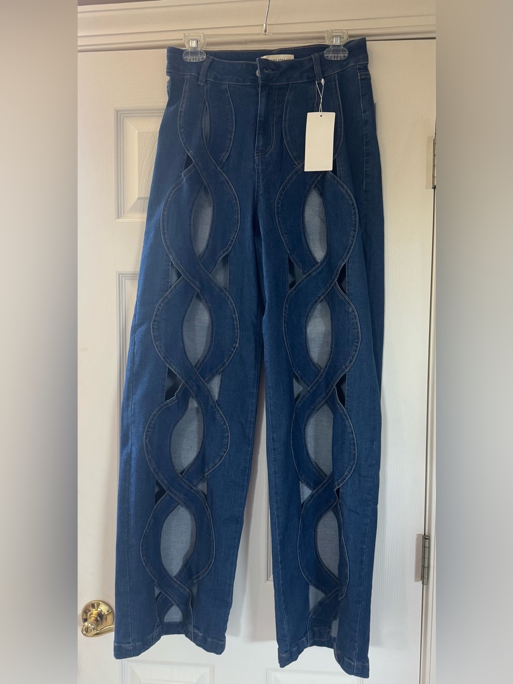 Dark Blue Flare Jeans with Twisted Cutout Panels